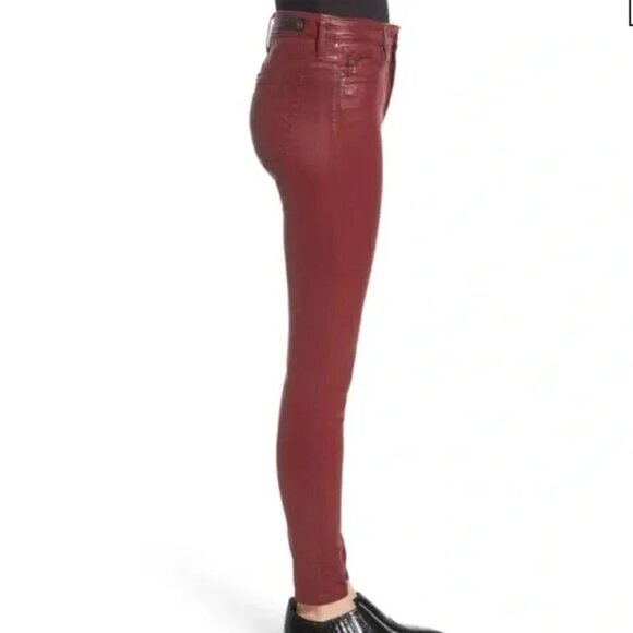 AG Farrah High Rise Ankle Skinny Coated Leatherette Jean, Rich Crimson - Picture 2 of 9